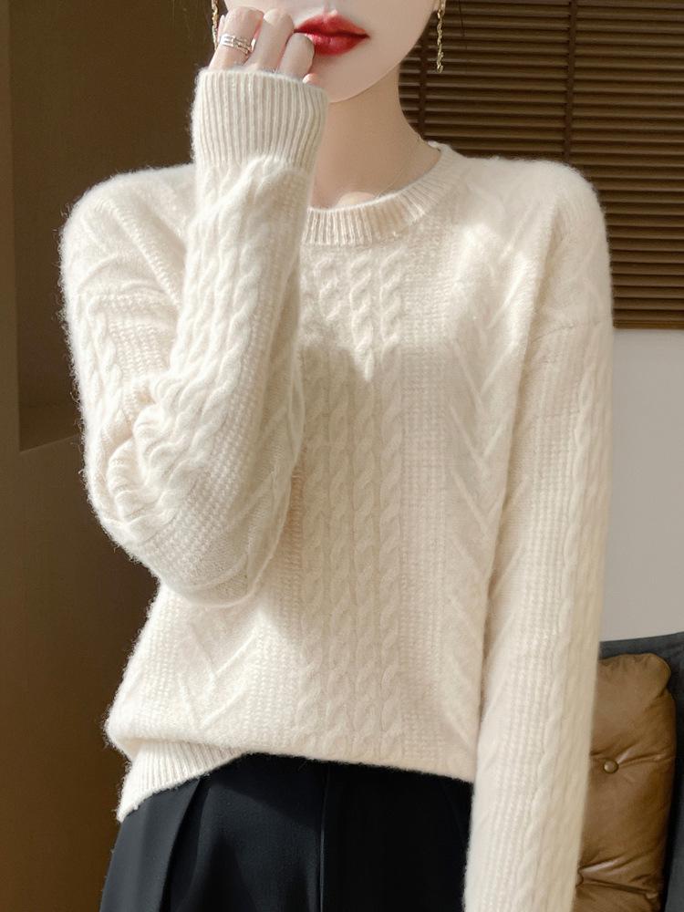 Women's Pure Wool Cable Knit Pullover - Thick Autumn/Winter Round Neck, Loose Fit Cashmere Sweater
