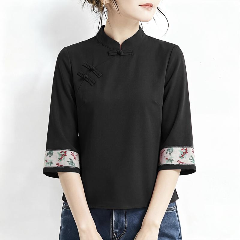 ZANZEA Women Print Splice 3/4 Sleeve Casual Stand Collar Loose Blouse