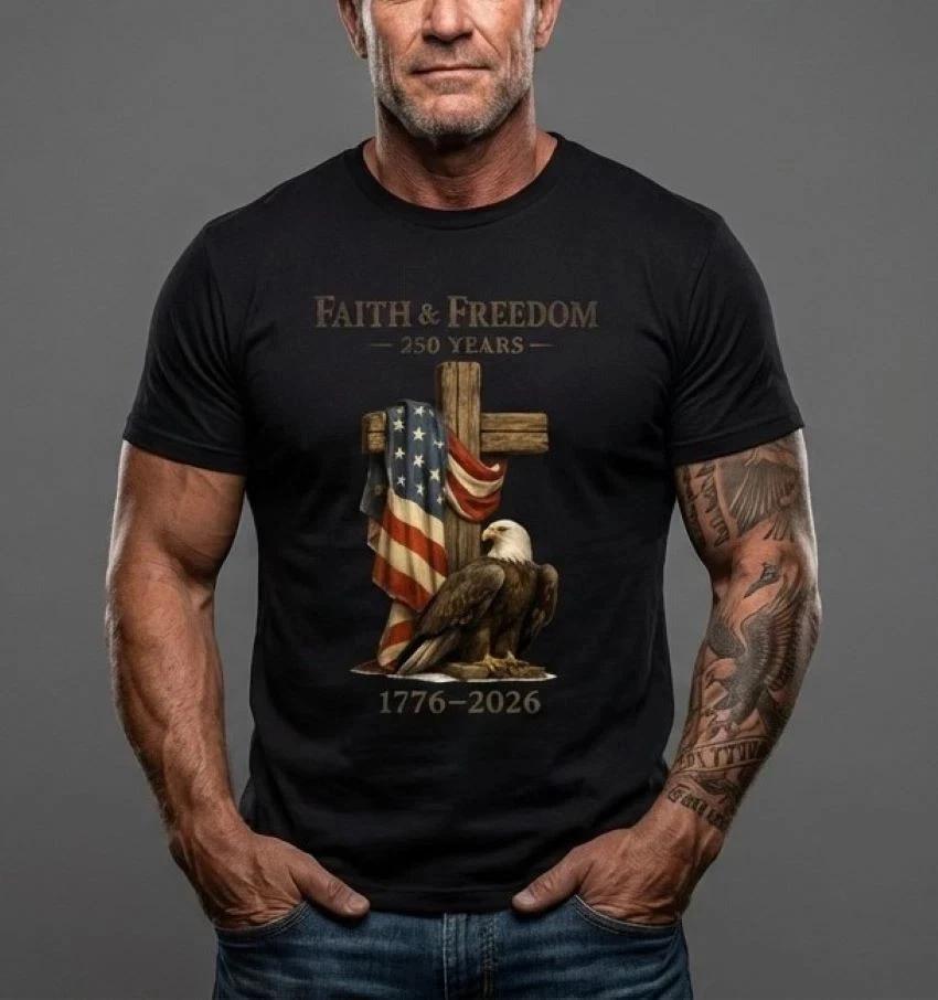 250 Years Anniversary USA T-Shirt America Eagle Faith & Freedom Unisex Cotton L