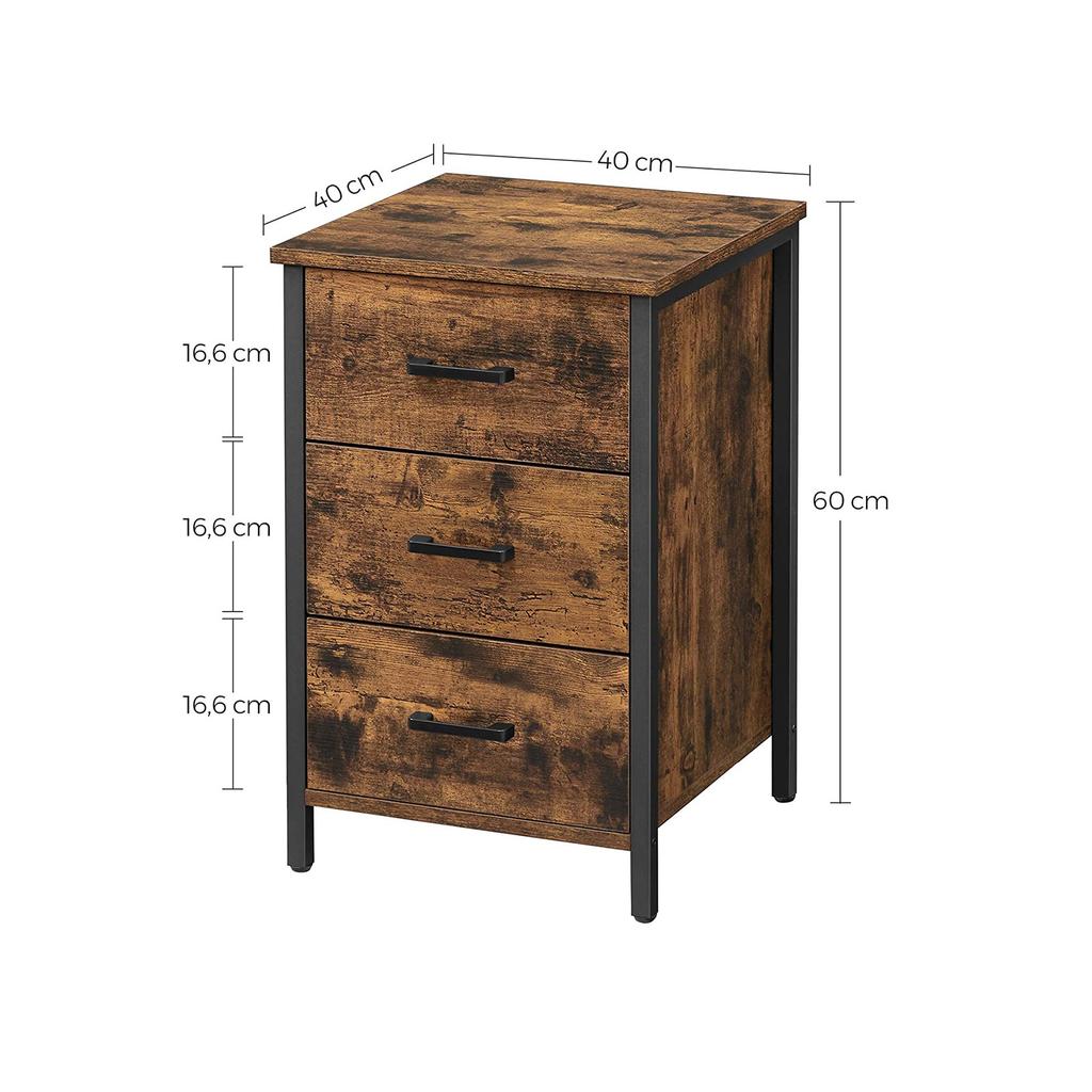 VASAGLE Bedside Table with 3 Drawers, Bedside Table, Side Table, Bedroom, Living Room, 40 x 40 x 60 cm, Industrial Design, Vintage Brown/Black