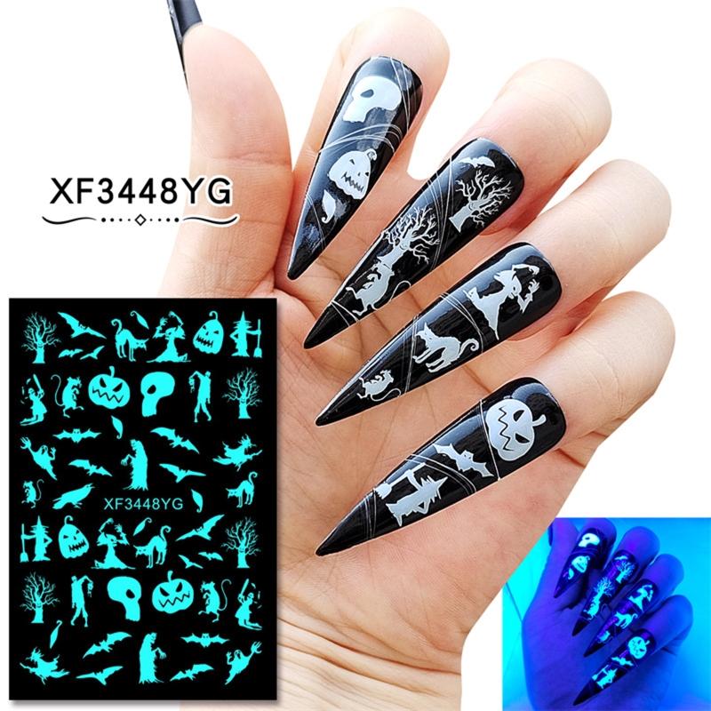 12sheet Luminous Halloween Nail sticker Fluorescent Stickers Glow In The Dark Self Adhesive Halloween Nail Art Stickers
