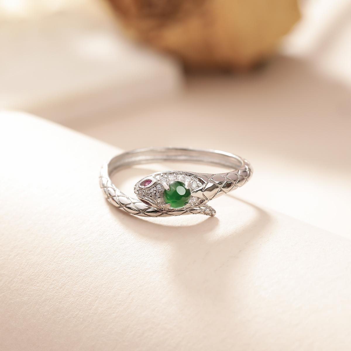 S925 serpentine ring, natural dangerous material jadeite niche high-end light luxury personalized ring, accessories women s fashion gifts opening adjustable