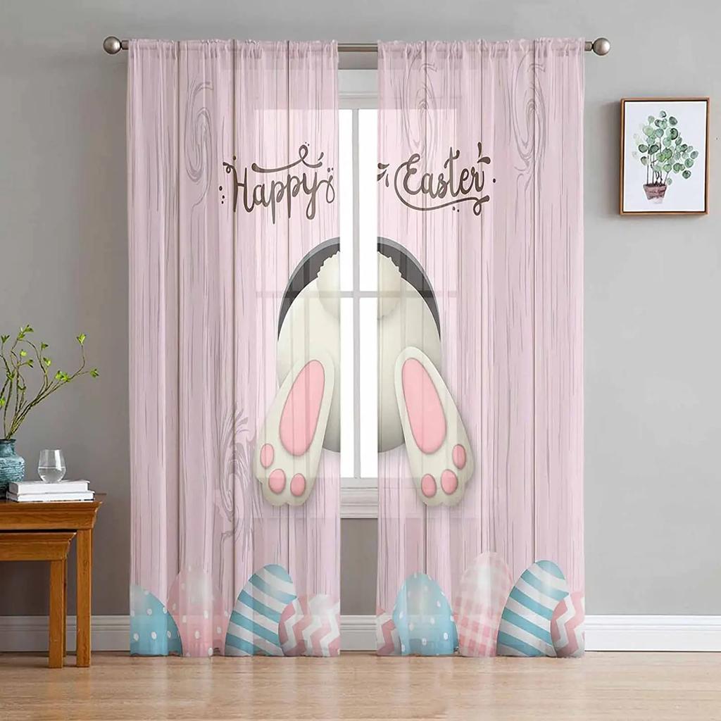 Easter Bunny Tail Wood Curtain Colorful Eggs Happy Transparent Voile Curtains Living Dining Room Bedroom Drapes Light Filtering For Sleeping Area