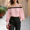 Women's Off-Shoulder Chiffon Blouse with Black Trim and Long Puff Sleeves