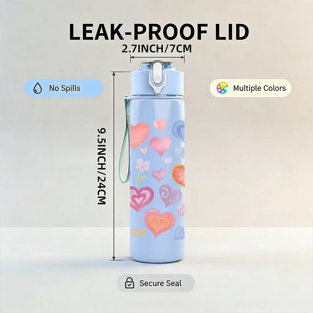 1PC Mixed Pastel Heart Love Pattern Print 750ml Color Plastic Sports Water Bottle Leakproof Flip Straw Lid Suitable for Sports Office Home Use