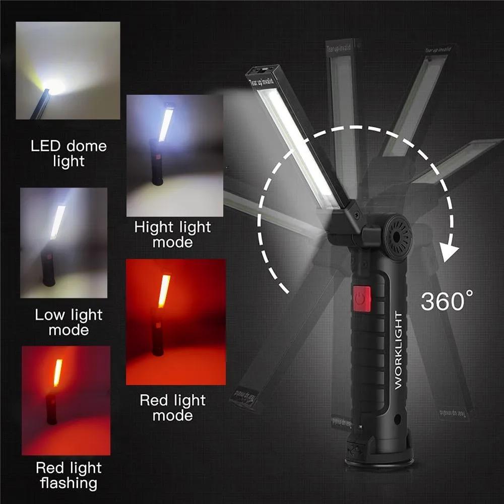 USB Rechargeable Camping LED Flashlight Work Light with Magnet and Hook Waterproof 5 Lighting Modes Suitable for Night Work Lamp