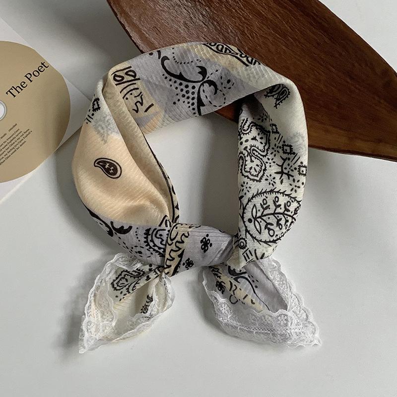 Silk scarf neck small square scarf new multi-color versatile headscarf summer women's pastoral lace headband hair accessories decorative small scarf