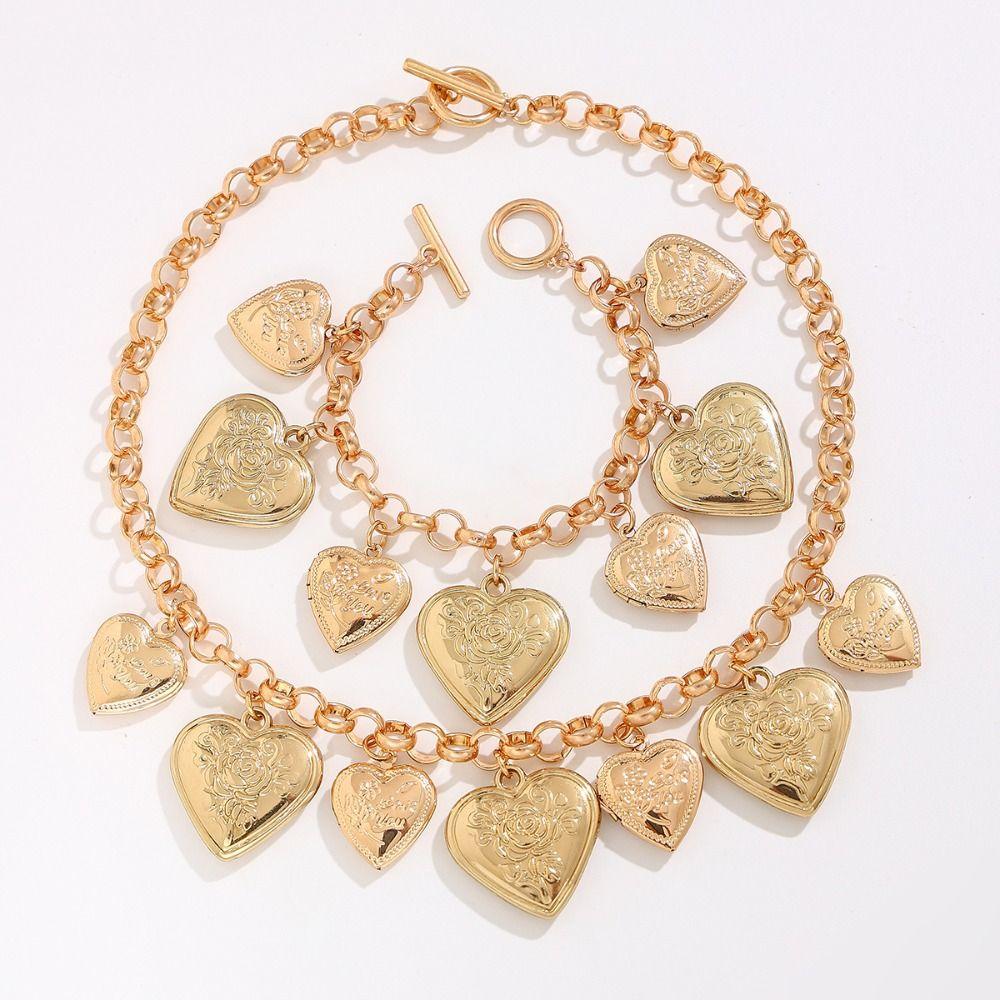 Stereoscopic Metal Heart Bracelet Elegant Vintage Jewelry Fashion Heart Pendant Necklace  Party