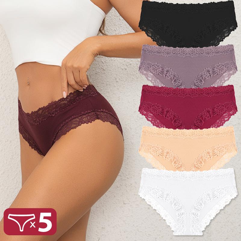 5PCS Cotton Panties Women Floral Lace Briefs Seamless Sexy Lingerie Low Rise Elastic Underpants Female Breathable Soft
