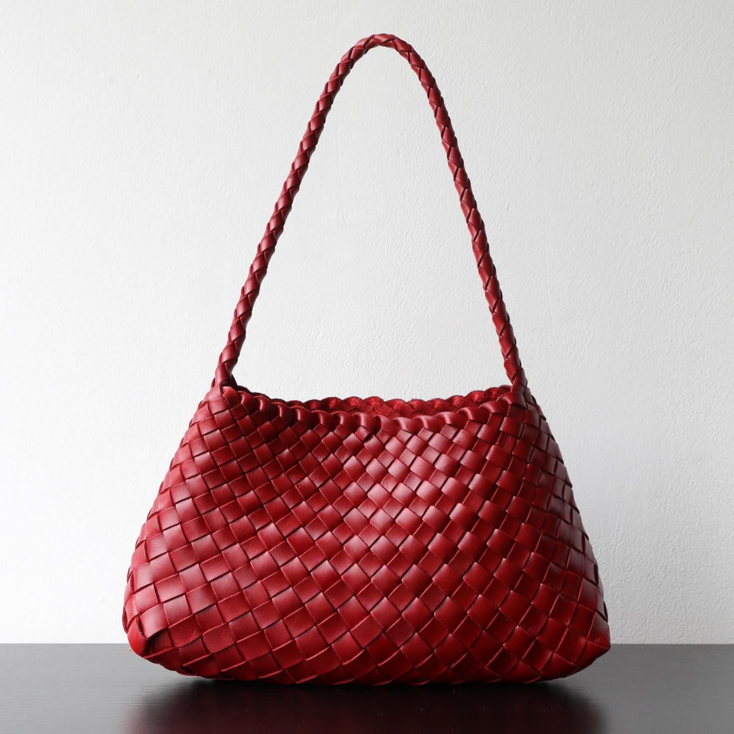 Xiaomin Leichte Luxus Handgestrickte Tasche Oberste Schicht Rindsleder Retro Stil Pflanzlich gegerbtes Leder Echtes Leder Handheld Unterarmtasche 32x11x19cm wein rot