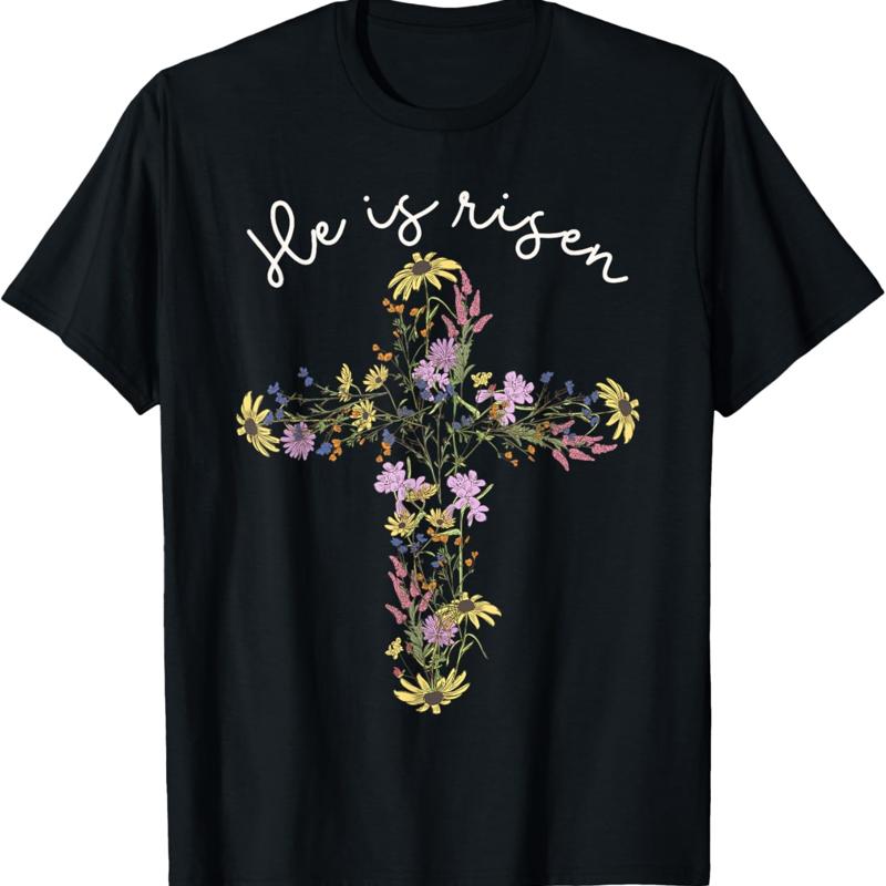 He Is Risen Wildflower Cross Easter Day Christian Girl Women T Shirt - Men s Summer Cotton Graphic Tee S разноцветный