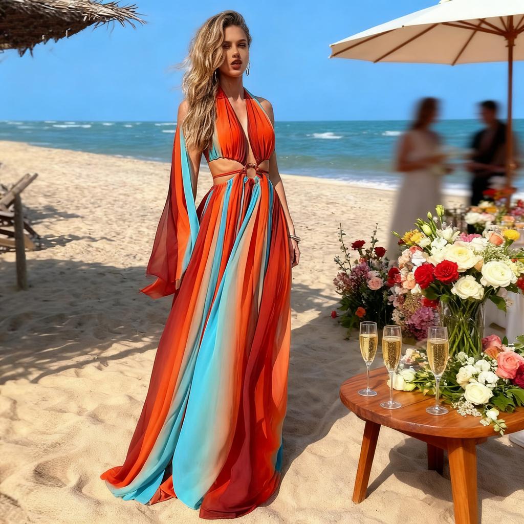 European and American women's clothing vacation beach split-ended pendulum dress sleeveless chest print woman