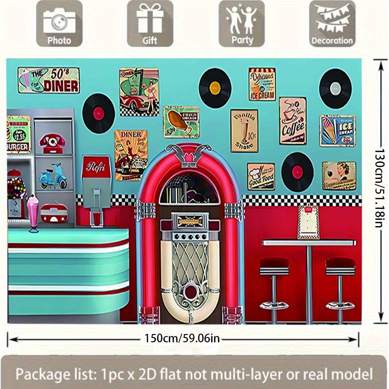 1950s Retro Diner Jukebox Backdrop Banner, 50s Sock Hop Theme Party Decor, Nostalgic Photo Background for Garage Yard Indoor Outdoor Celebration