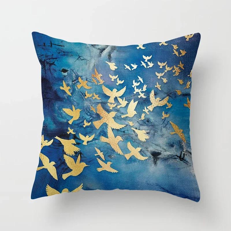 Black Gold Drawing Leaf Elk Tree Bird Butterfly Printed Square Pillowslip Polyester Cushion Cover Pillowcase Living Room Home