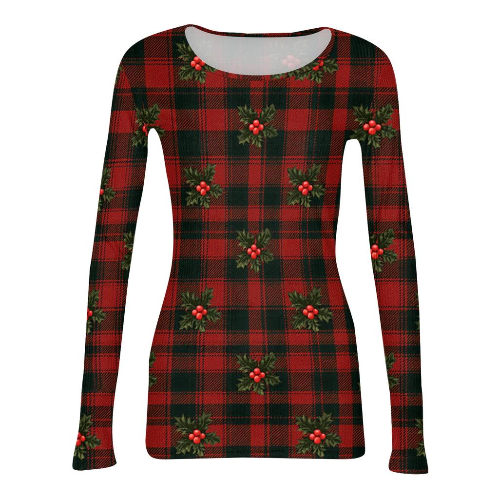Women's Casual Long Sleeve Ribbed Neck Christmas Print Pullover Top