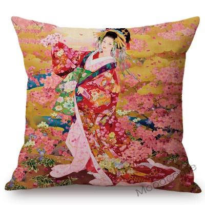 Floral Asian Girl Woman Japanese Geisha Art Sofa Pillow Case Japan Painting Beauty Goddess Home Decor Cotton Linen Cushion Cover