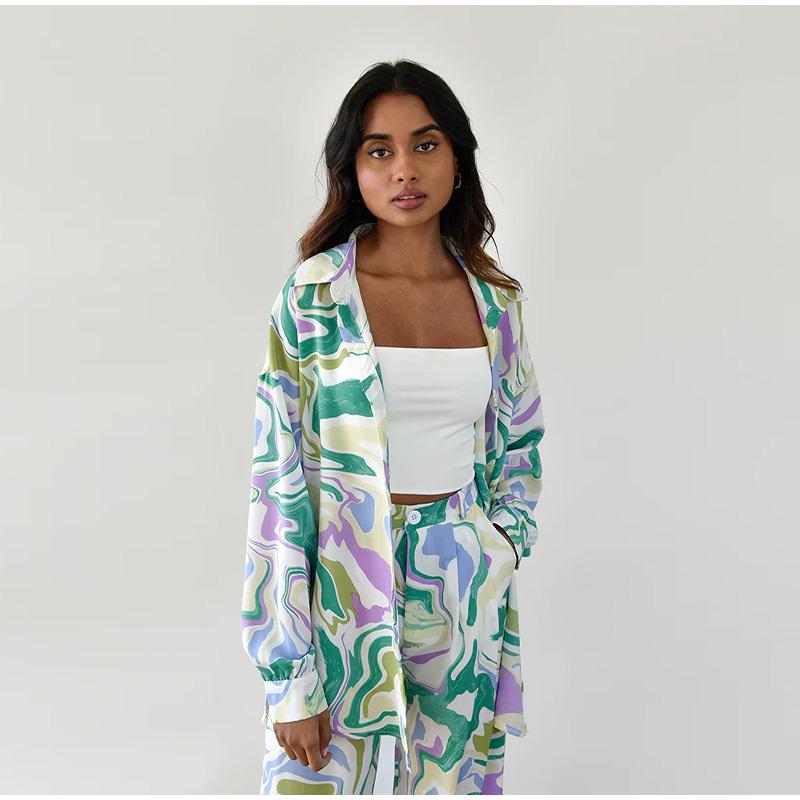 Women's Street Loose Printed Shirt Long-sleeved Fashion Casual Suit Women's Two-piece Summer Commuter Vacation Beach Suit