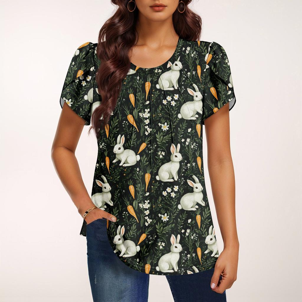 Women's Fashionable Round Neck Short Sleeve Printed Casual Basic Pleated Pullover T-shirt Top
