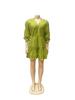 TW748 Casual V-neck Loose Waist Pleated Dress with Three-quarter Sleeves and Wide Hem for Women
