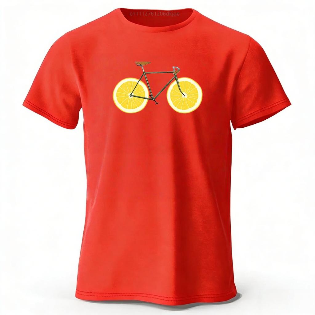 Summer Fresh Lemon Bicycle Pure Cotton T-shirt Men's Leisure and Entertainment Printed T-shirt Large Loose Sports Top