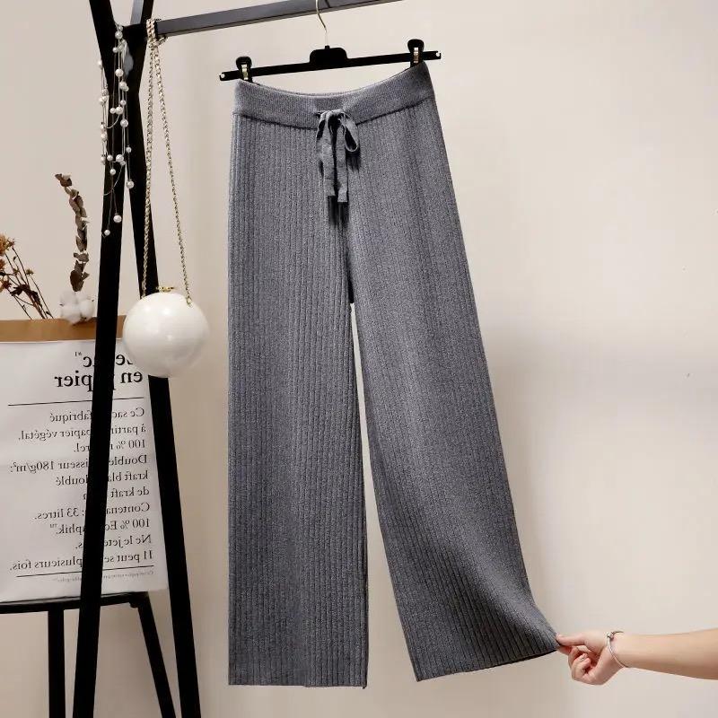 Drape High Waist Wide Leg Pants for Women Autumn Winter Casual Loose Knit Straight Leg Pants Lace-up Women Solid Trousers