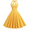 Vintage polka dot halter-neck, open-back, tie-front, slimming, figure-hugging, cinched waist, full-skirted midi dress for women