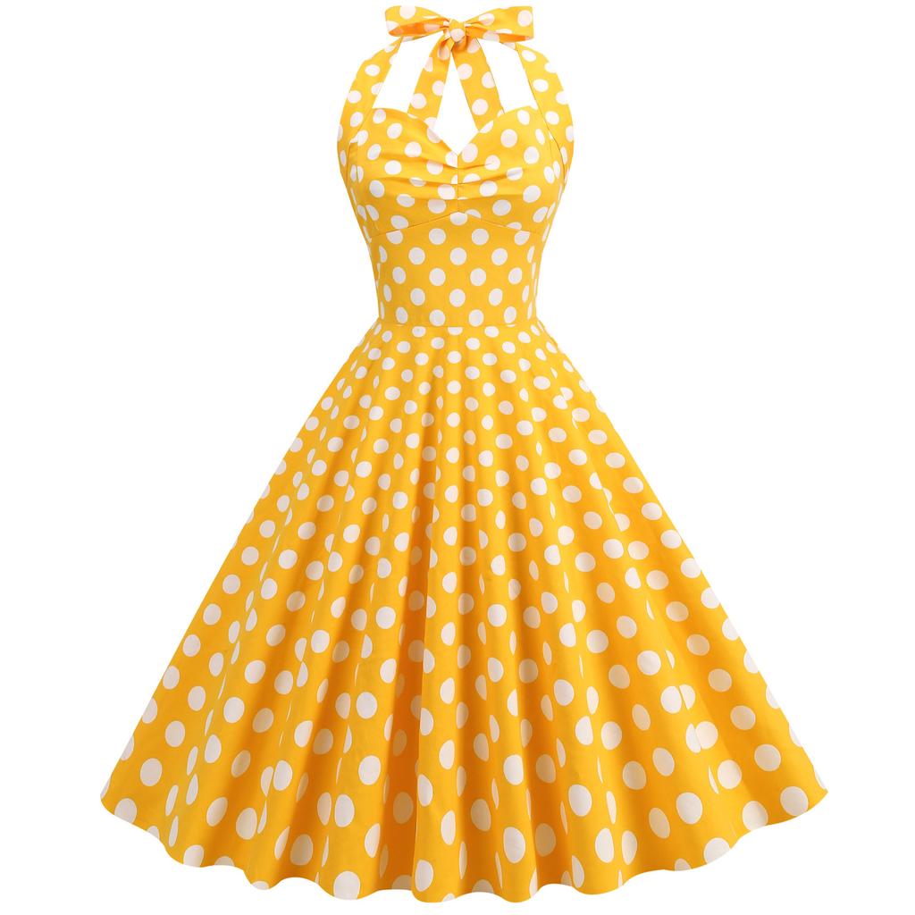 Vintage polka dot halter-neck, open-back, tie-front, slimming, figure-hugging, cinched waist, full-skirted midi dress for women