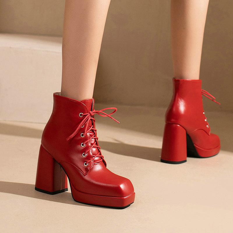 Women's Boots Thick Heel Lace Up Ankle Boots Fashion Waterproof Platform Women's Shoes Autumn Winter New Women High Heels 34-43