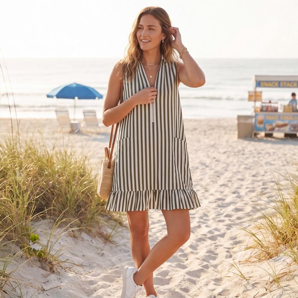Women Sleeveless Vintage Dress V Neck Striped Pattern Ruffle Hem Casual Loose Fit Summer Beachwear
