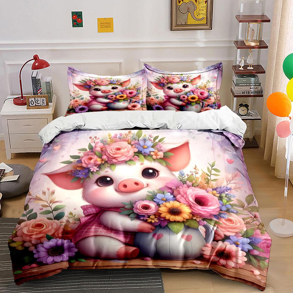 Cute pig with floral artwork Print Bedding Set 1 Duvet Cover 2 Pillowcases for Adult and Children Luxury Gift Full Size