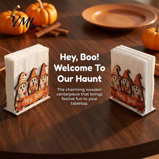 Ghost Pumpkin Centerpiece Halloween Wooden Napkin Holder, Black Cat Decorative Tabletop Tissue Kitchen Countertop Organizer Dispenser, Paper