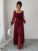 Elegante Abito Maxi Floreale a Rete Patchwork, Scollo Quadrato, Manica Lunga, Vita Alta, per Donna