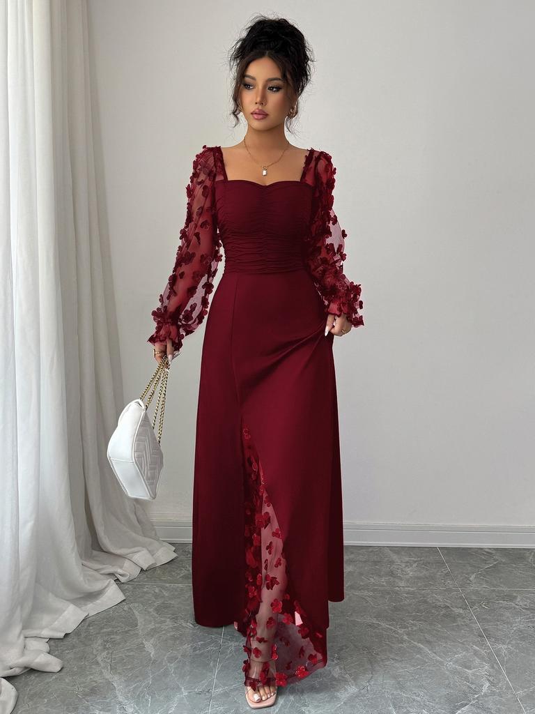 Elegante Abito Maxi Floreale a Rete Patchwork, Scollo Quadrato, Manica Lunga, Vita Alta, per Donna