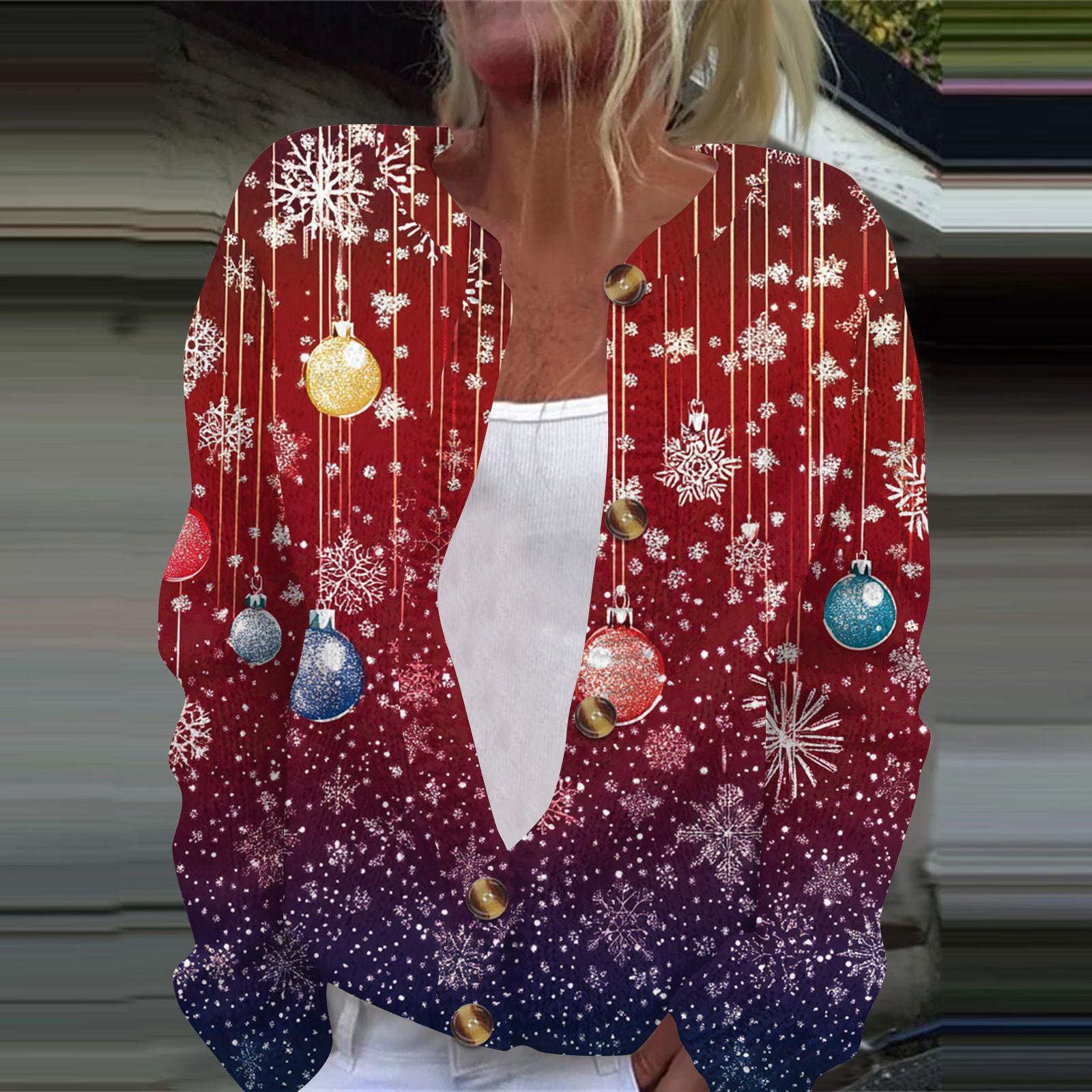 

Женская мода рождественский принт длинный рукав вязаный кардиган пуховик XL красный