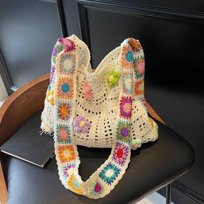 Sac à bandoulière tissé creux vintage pour femmes, décor floral, sacs à main tricotés, sacs fourre-tout grande capacité pour dames, plage, voyage, shopper, porte-monnaie