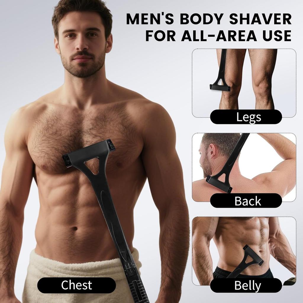 Back Shaver for Men with Foldable Long Handle, Premium Stainless Steel Body & Back Hair Trimmer, Repl aceable Safety Blades, Wet or Dry Use