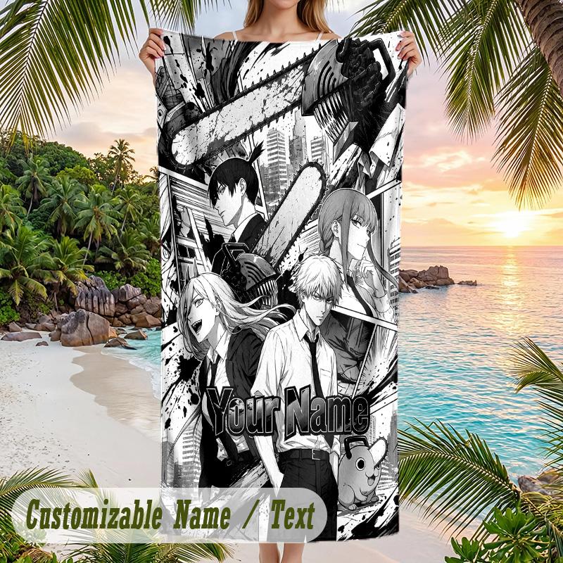 Chainsaw Man Beach Towel, Personalized Custom Name Text, Quick Dry Large Absorbent Towel For Beach Pool