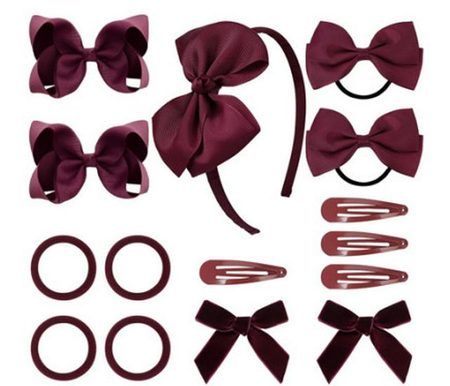15-Piece Sweet Ribbed Bow Hair Clip Set for Kids - Versatile, Lovely Hair Accessories вино красного