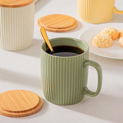 Vertical Grain Ceramic Mug with Wood Lid Breakfast Cup Ins Style Water Cups  Household