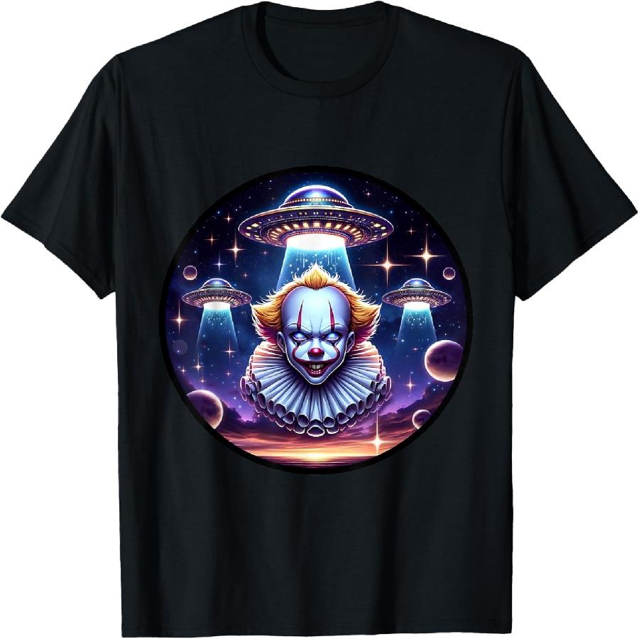 Clown and UFOs Aliens Extraterrestrial Scene Halloween T-Shirt S