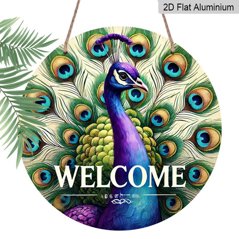 2D Flat Aluminum 7.87 Inch X 7.87 Inch Peacock Style Welcome Sign Wall Decor, Vintage Style, Suitable for Cafes, Living Rooms, Kitchens, Bars