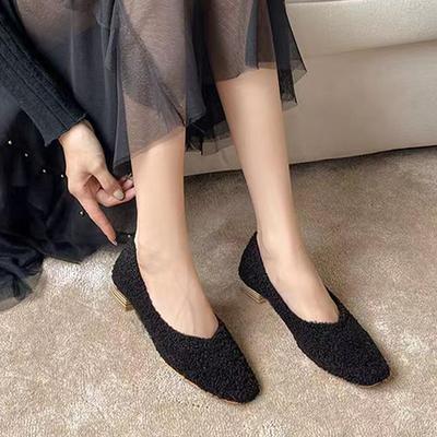 Plüsch-Einzelschuhe mit grobem Absatz, Damenschuhe, Frühling und Herbst neu, flacher Ausschnitt, vielseitig, Ein-Pedal-Baumwollschuhe, Temperament-Damenschuhe
