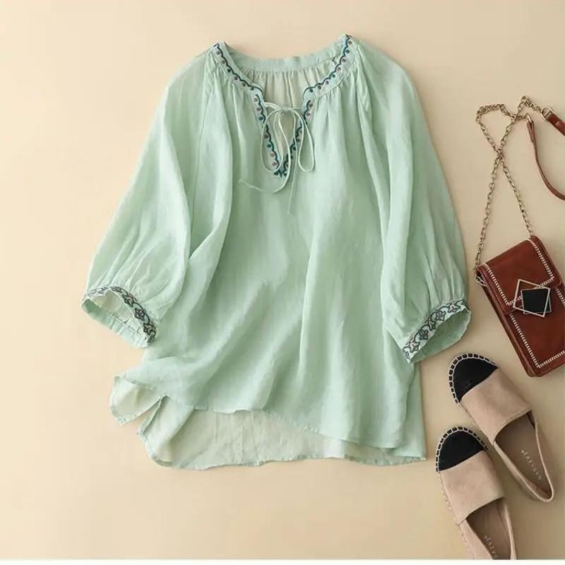 

Белая вышивка Три четверти рукава V-образный вырез Пуловер Свободная женская блузка Рубашка Повседневная Льняная Женская одежда Топы Мода M зелёный