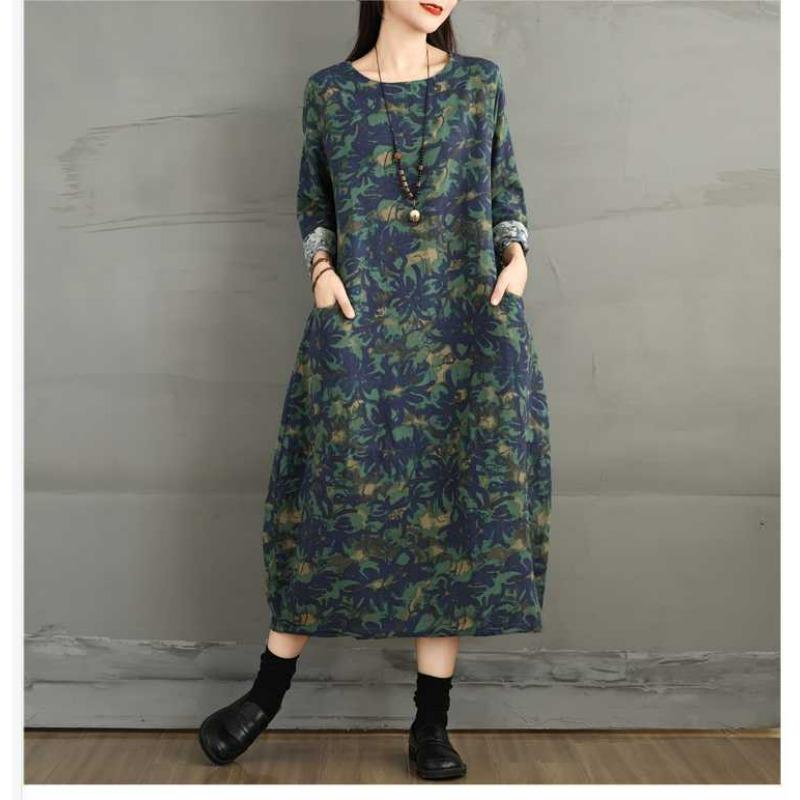 Neues Baumwoll- und Leinenkleid mit Print, langärmlig, Retro-Print, Übergröße, Rollkragen, mittellanges Kleid