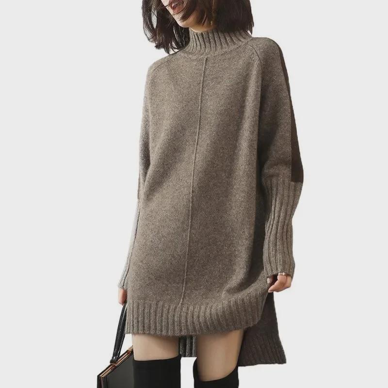 Women's Autumn Colorblock Half-Turtleneck Knitted Dress Sweater - Loose Mid-Length Style