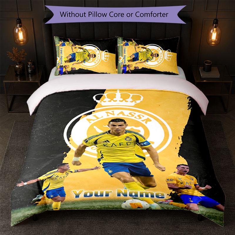 Set Biancheria da Letto Personalizzato Cristiano Ronaldo con Nome Testo 1 Copripiumino+2 Federe Logo Calcio Regalo Personalizzato per Occasione Speciale Arredamento Camera da Letto