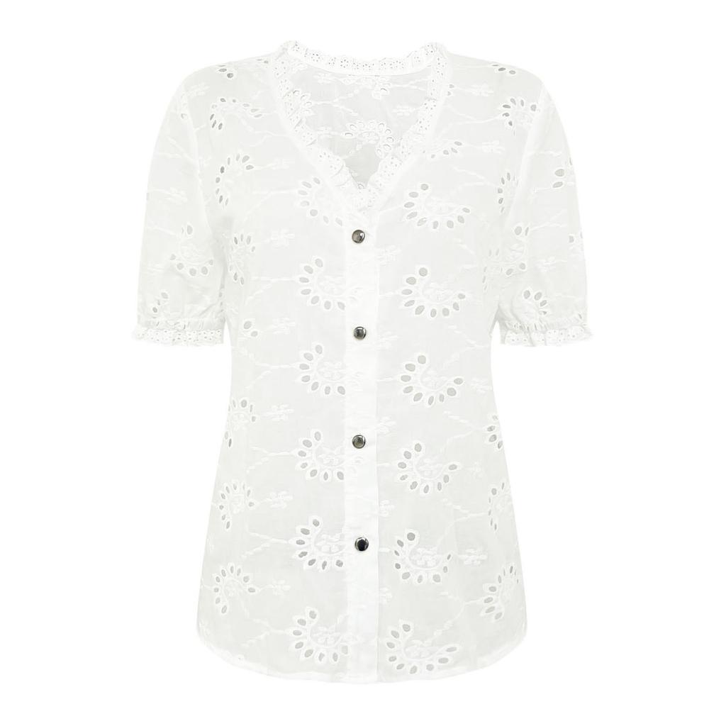 Women's Summer Fashion Casual Shirts Cropped Petal Sleeve Eyelet Tops V Neck Shirt