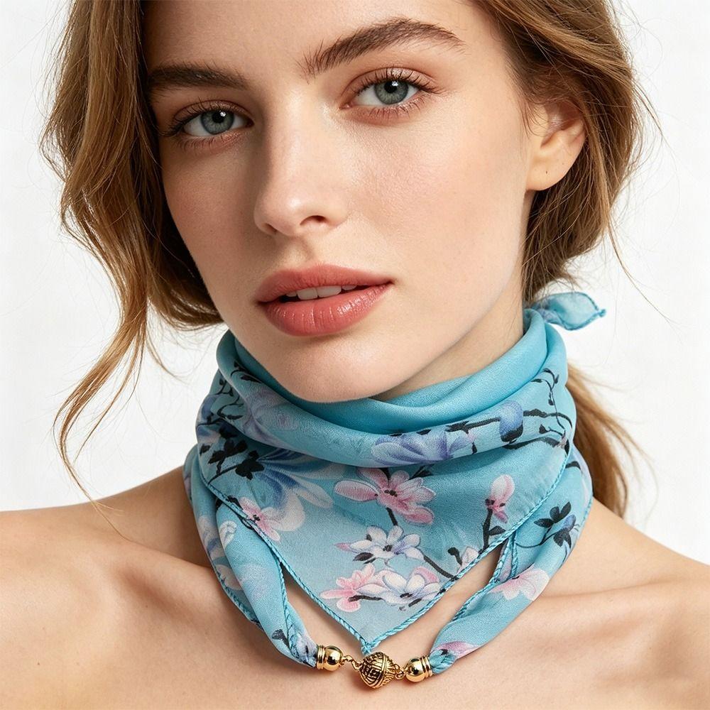Elegant Luxury Floral Print Silk Scarf Magnetic Buckle Neck Covers Scarf Neck Decorative