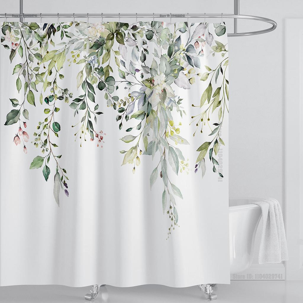 Emerald Green Eucalyptus Shower Curtain Fabric, Watercolor Plant Leaves with Floral Bathroom Shower Curtain Set with Hooks
