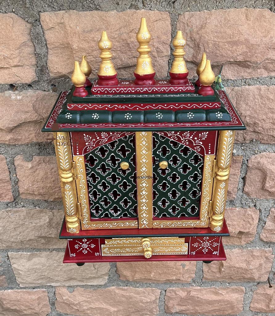 Hand-Painted Wooden Temple | Wall Mounted Pooja Home Mandir | Miniature Pooja Mandap | Rajasthani Art Shrine for Home Decor, Hindu Religion
